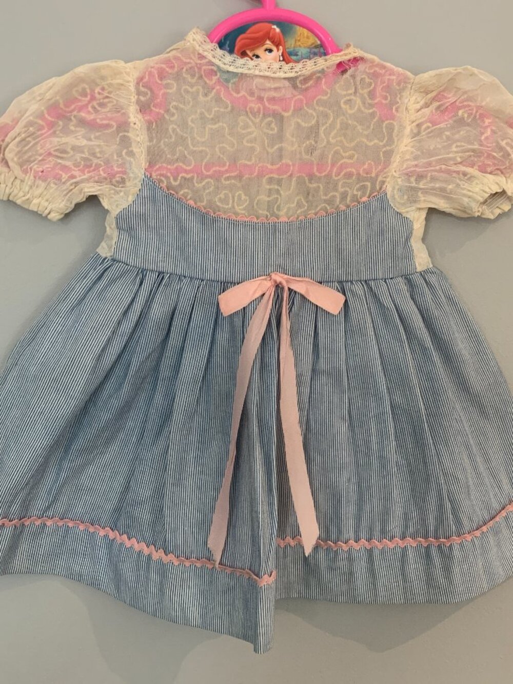 Vintage Infant/Toddler Dress Blue Pink Sheer Puff Sleeve Cottagecore prairie